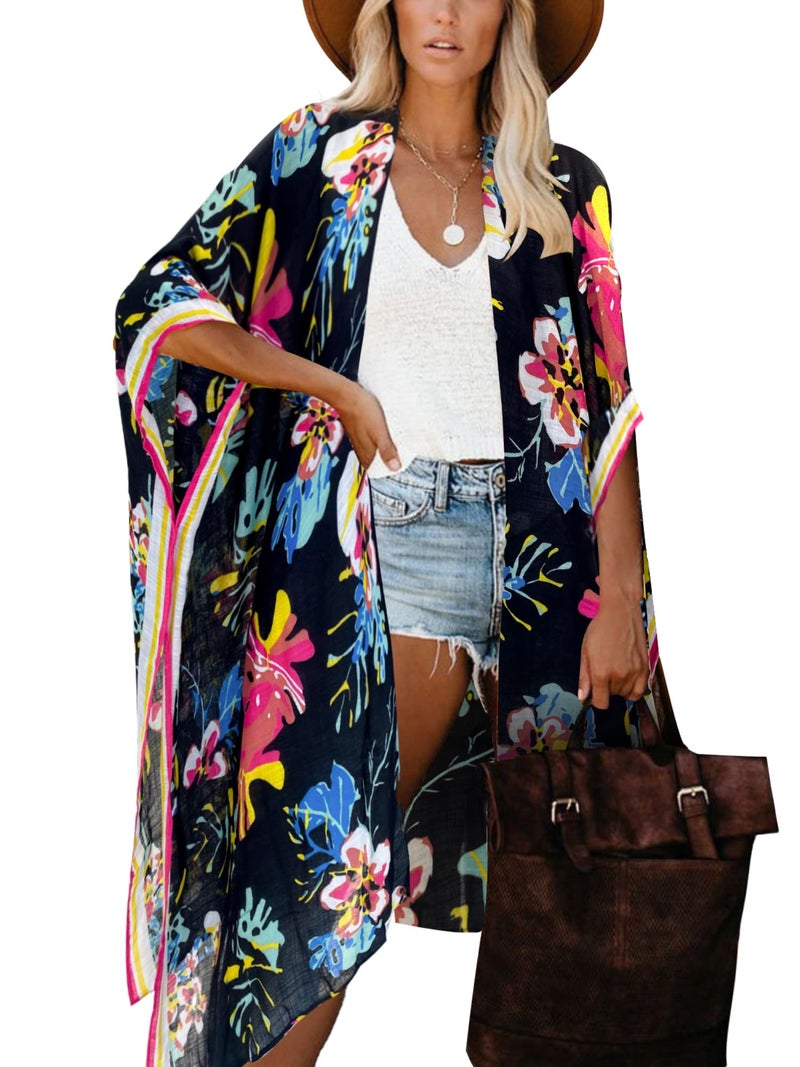 Moss Rose Women's Beach Cover up Swimsuit Kimono with Bohemian Floral Print, Loose Casual Resort Wear - Image 1